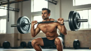Person doing a compound barbell squat with perfect form in a well-lit gym, focused expression, athletic build, sunlight streaming through windows