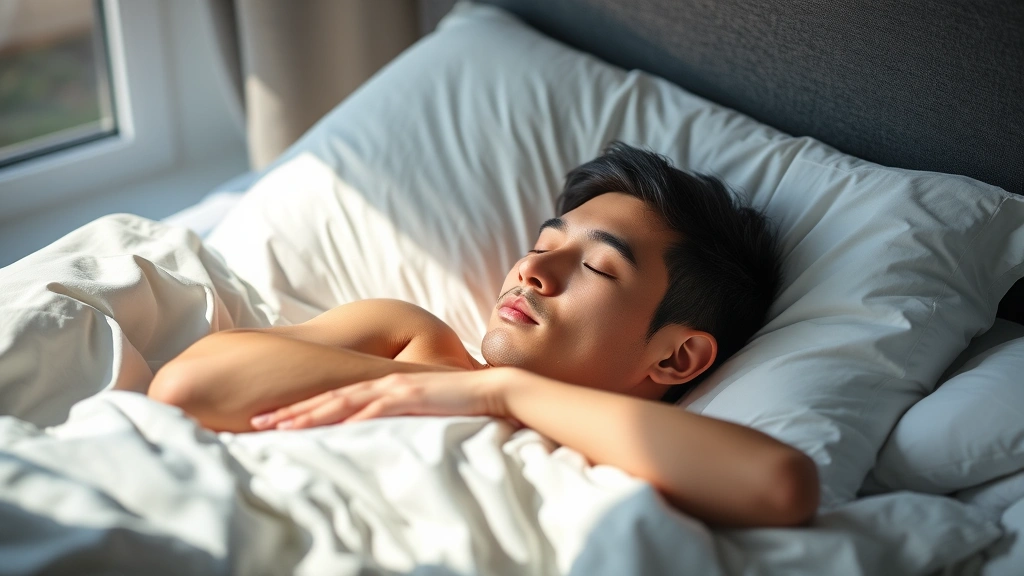 Athlete sleeping peacefully in bed during daytime, peaceful expression, comfortable bedding, natural light from window showing rest and recovery