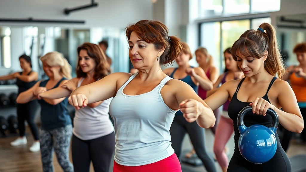Diverse group of women of various ages and body types doing different strength exercises simultaneously in a supportive gym environment—one doing dumbbell rows, another doing push-ups, another doing kettlebell work