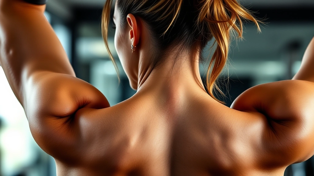 Close-up of a woman's muscular back and shoulders as she completes a pull-up or lat pulldown movement, showing muscle definition and strength, with determination on her face