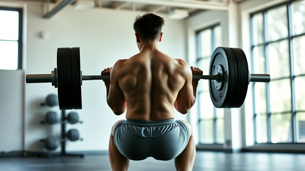A fit person performing a barbell back squat with perfect form in a bright gym, focused expression, natural lighting from large windows, showing mid-rep depth