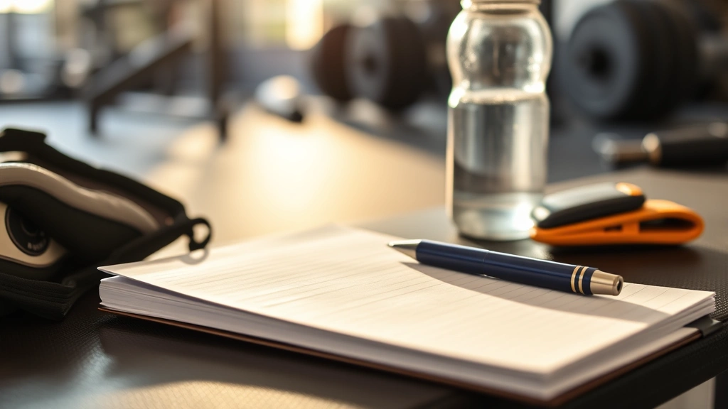 Close-up of a gym notebook and pen next to water bottle and lifting gloves on a gym bench, morning natural light, tracking workout progress