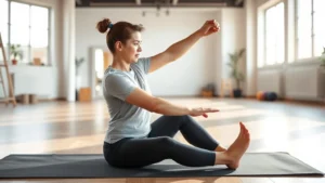 Person doing stretching and mobility work on a yoga mat in a bright gym, focused on recovery and flexibility with relaxed expression