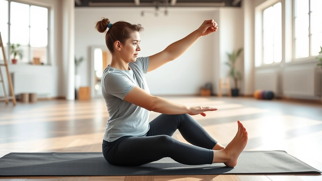 Person doing stretching and mobility work on a yoga mat in a bright gym, focused on recovery and flexibility with relaxed expression