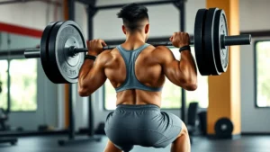 Athletic person performing barbell back squat in a gym with proper form, natural lighting, focused expression, wearing gym clothes