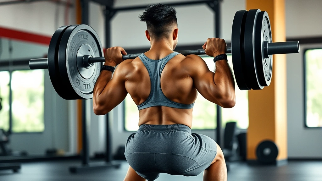 Athletic person performing barbell back squat in a gym with proper form, natural lighting, focused expression, wearing gym clothes