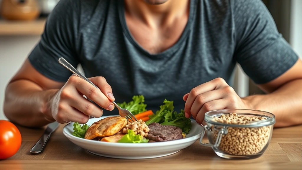 Fit individual eating a balanced meal with protein, vegetables, and whole grains at a table, preparing for workout nutrition