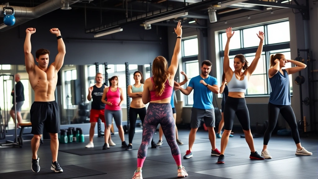Diverse group of people doing various exercises simultaneously—one person doing pull-ups, another kettlebell training, someone stretching—showing different workout styles in one gym space