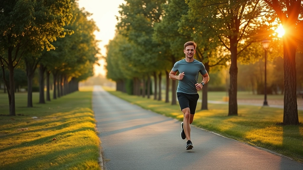 Fit individual jogging outdoors on a tree-lined path during golden hour, displaying consistent exercise behavior and natural movement in an outdoor environment