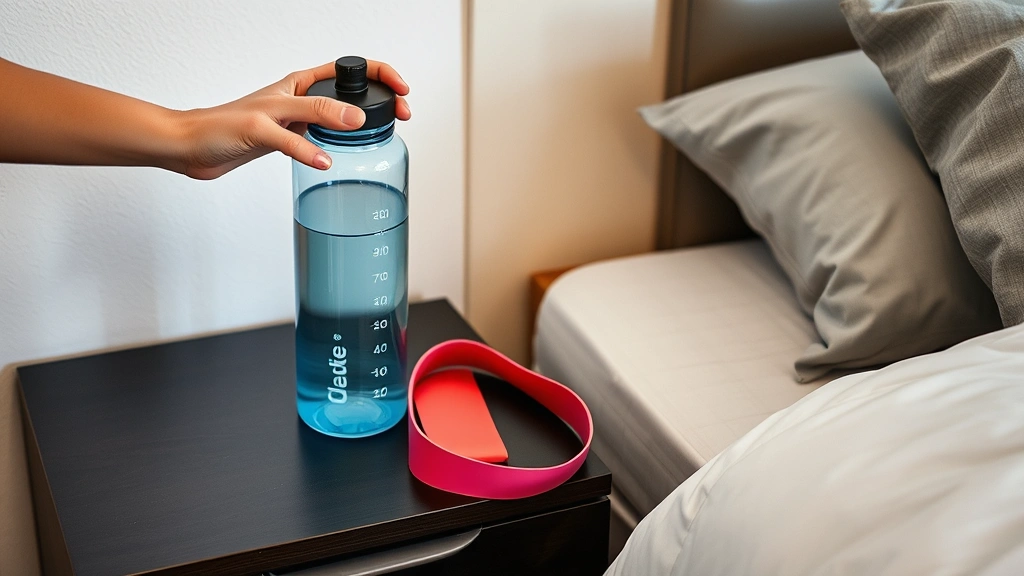 Close-up of someone's hands placing a workout water bottle and resistance band on a nightstand next to their bed, demonstrating environmental preparation for fitness habits