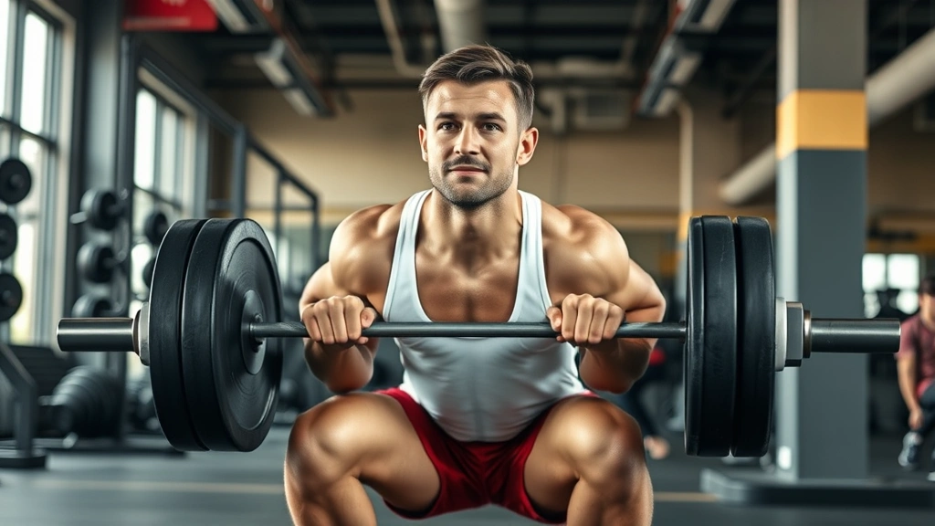 Athletic person performing a heavy barbell squat in a modern gym with proper form, sweat visible, focused expression, natural lighting