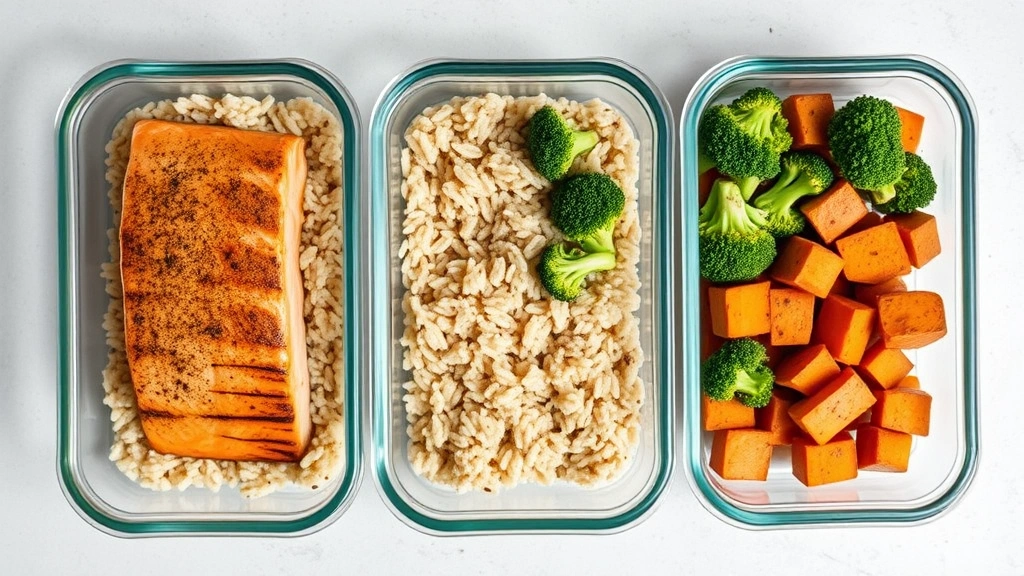 Overhead shot of a clean meal prep with grilled salmon fillet, brown rice, steamed broccoli florets, and roasted sweet potato cubes in glass containers