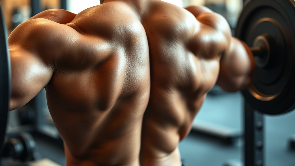 Close-up of someone's muscular back and shoulders during a barbell row exercise, showing defined muscles and proper posture, gym setting with blurred background