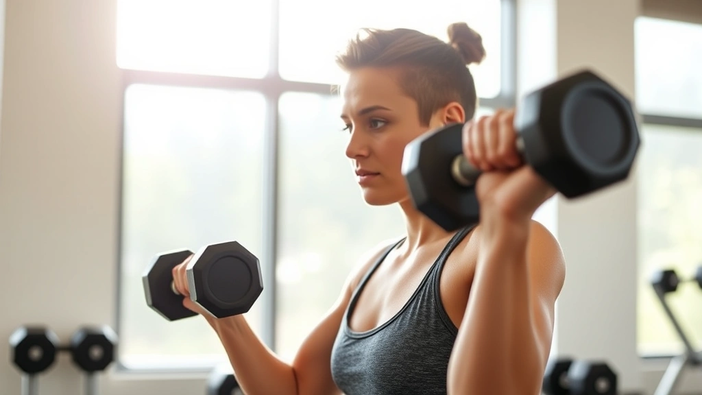 Person in bright gym setting doing dumbbell exercises with focused expression, morning sunlight through windows, athletic wear, mid-rep