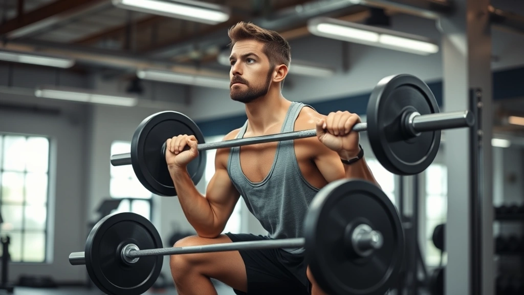 A fit person performing a perfect barbell squat with controlled form in a well-lit gym, focused expression, natural lighting