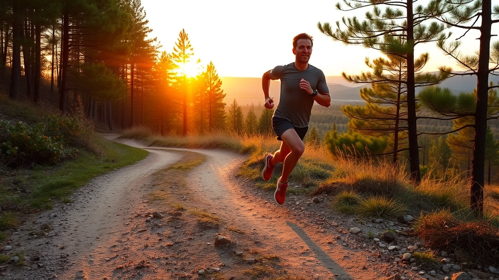 Runner on scenic outdoor trail at sunrise with trees and natural landscape, athletic build, mid-stride, energized body language