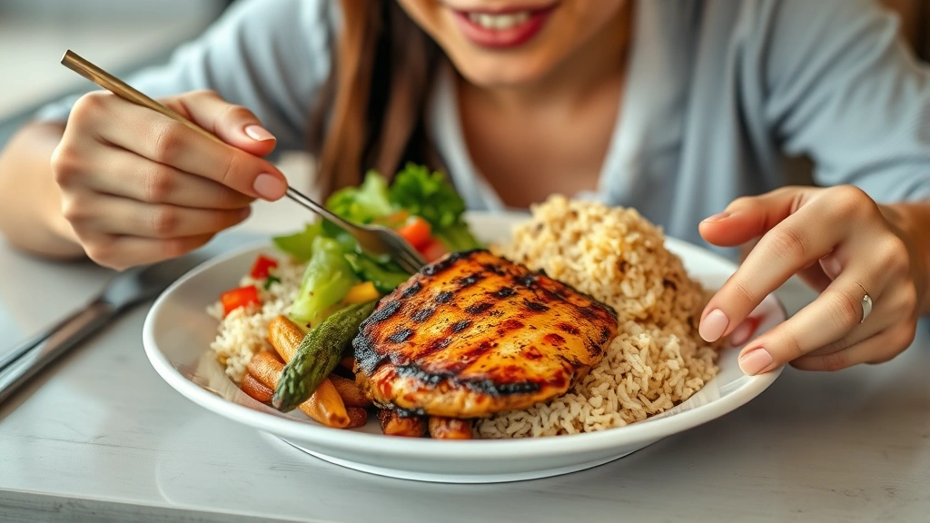 Someone eating a balanced meal with grilled chicken, rice, and vegetables at a table, looking satisfied and healthy