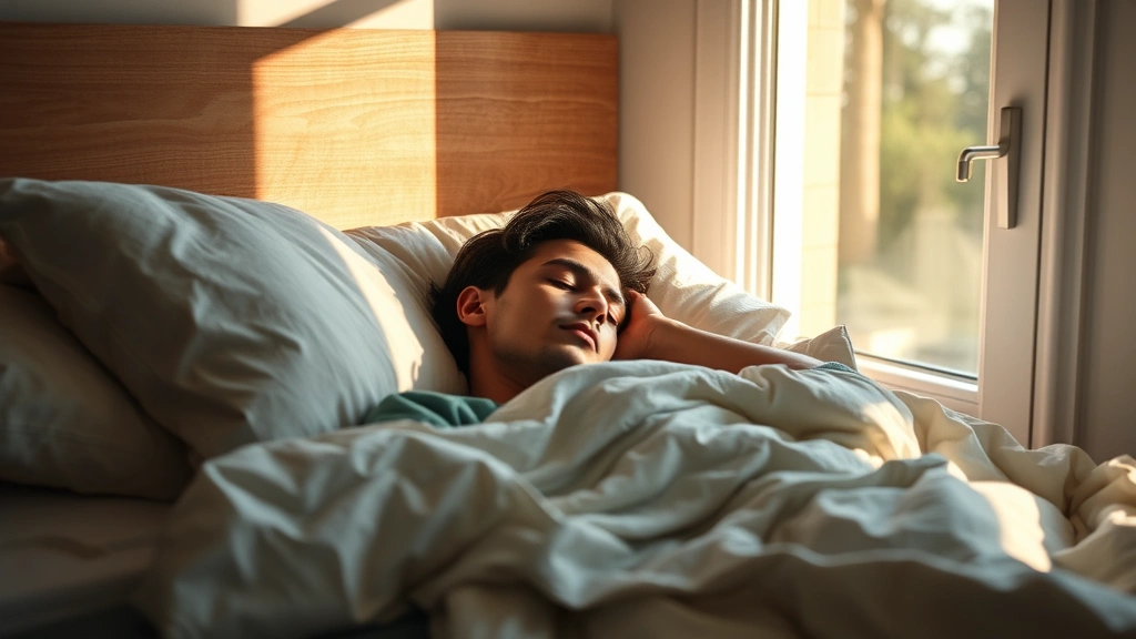 A person sleeping peacefully in bed with morning sunlight coming through the window, looking rested and recovered