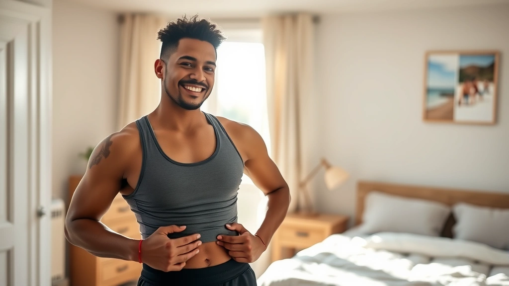 Person putting on workout clothes in a bright bedroom, morning light streaming through window, genuine smile, diverse individual, natural setting