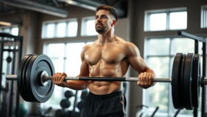 Person performing proper deadlift form with barbell in a modern gym, focused expression, full body visible, natural lighting from gym windows, athletic build, demonstrating controlled movement