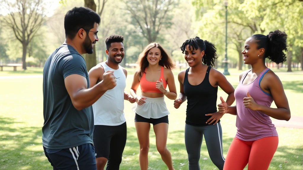 Small group of diverse people doing a casual outdoor workout together in a park, laughing and encouraging each other, genuine connection, natural light