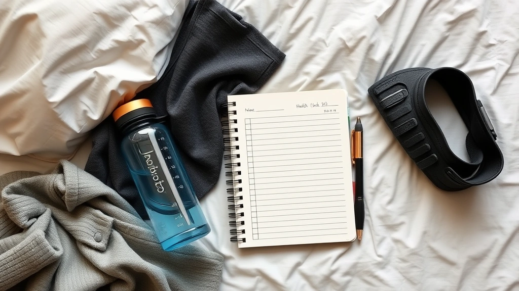 Overhead shot of a simple habit tracker notebook with checkmarks, water bottle, and comfortable workout clothes on a bedside table, organized but lived-in