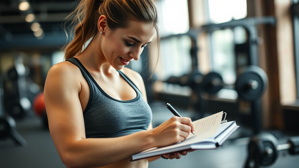 Woman tracking workout progress in fitness journal at gym, writing down reps and weights, notebook and pen visible, motivated expression, casual gym attire, bright gym lighting