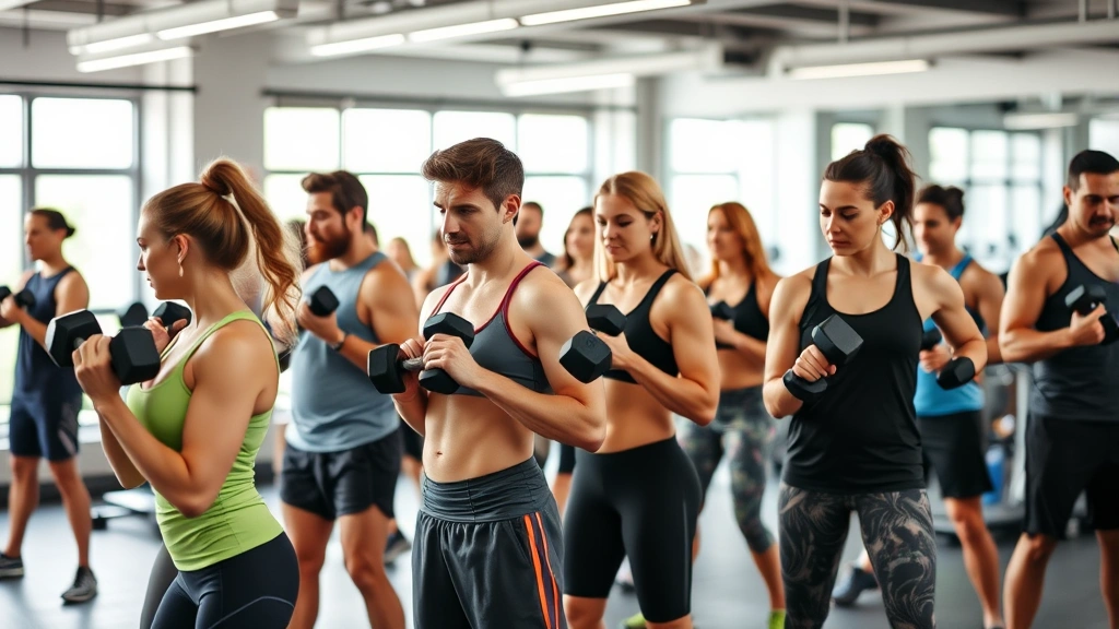Diverse group of people doing dumbbell exercises in a bright gym—some lifting, some resting—showing real fitness community and different body types