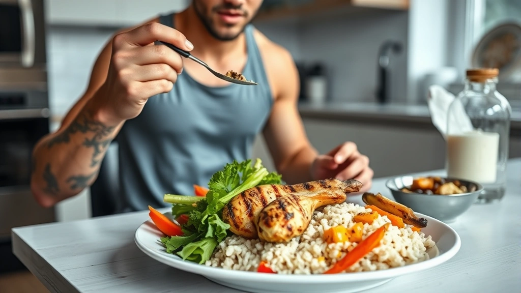 Athlete eating a protein-rich meal with grilled chicken, vegetables, and rice at a kitchen table, demonstrating nutrition for muscle building