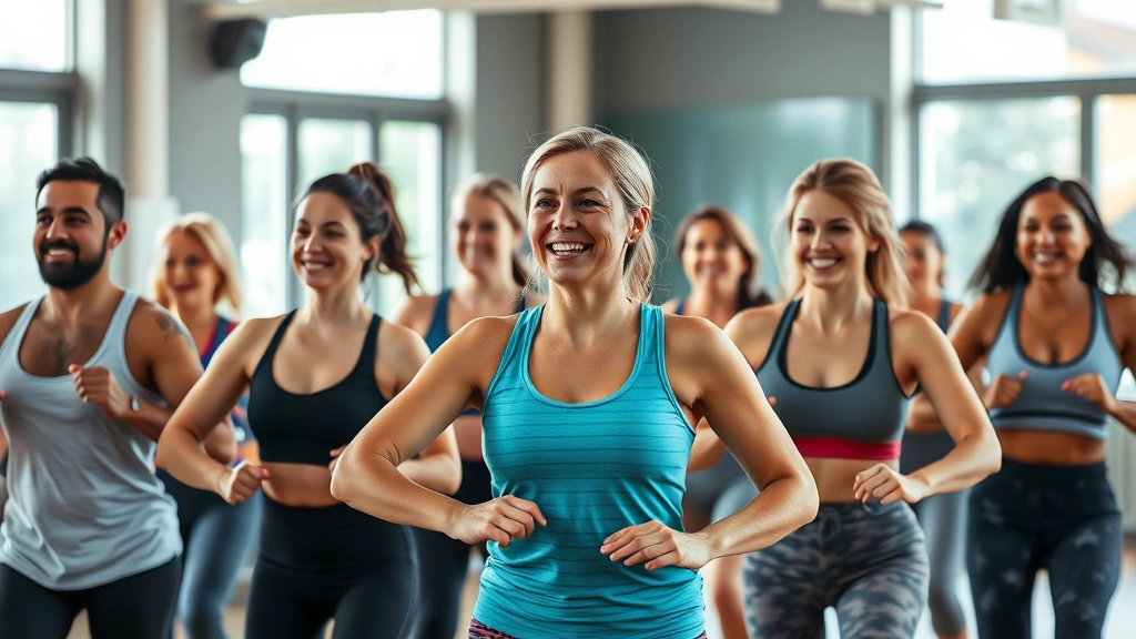 Diverse group of people in a fitness class, smiling and moving together, inclusive fitness setting, natural light, energetic but realistic
