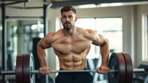 Athletic person performing deadlift with excellent form, strong posture, focused expression, gym environment with natural lighting