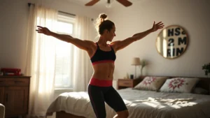 Person in athletic wear doing morning stretches in a sunlit bedroom, looking energized and focused, no equipment visible