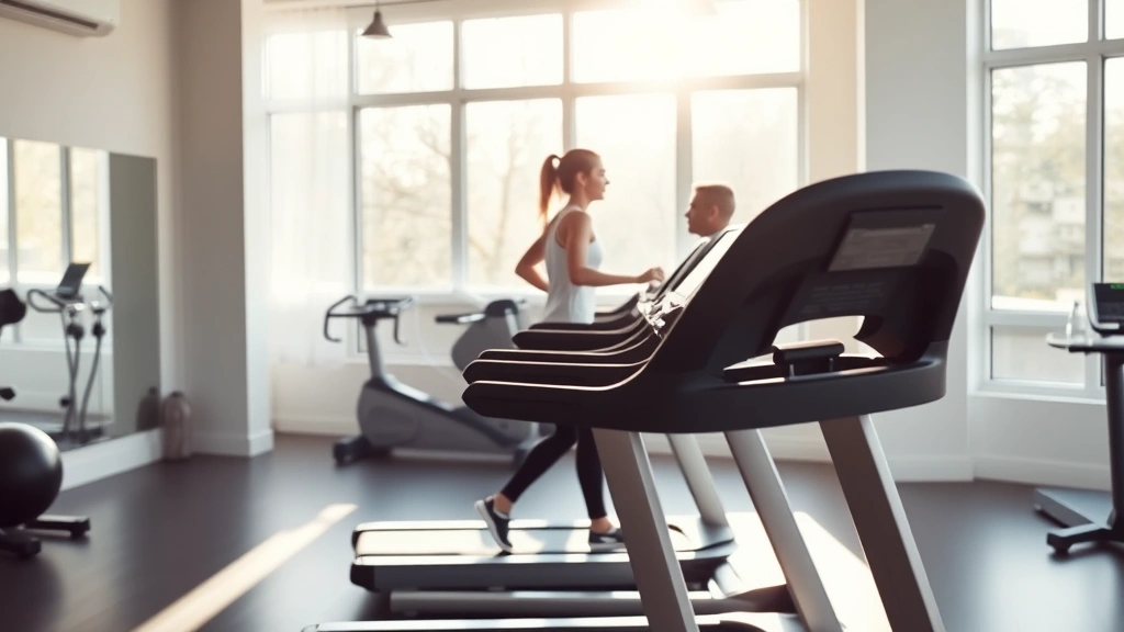 Gym interior with someone in the background on a treadmill, morning light coming through windows, clean and minimalist aesthetic