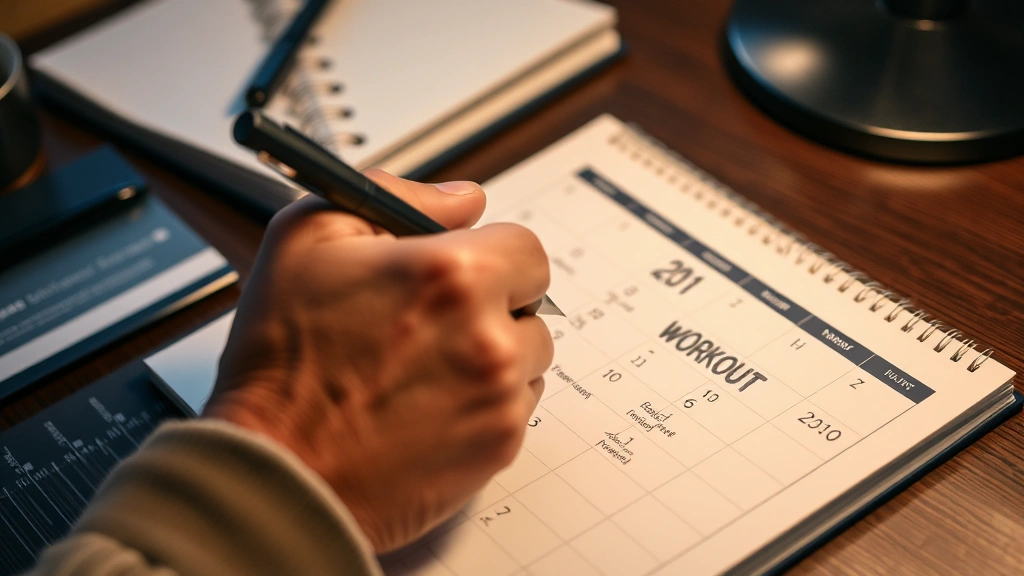 Close-up of someone's hand checking off workout days on a calendar on a desk, pen in hand, organized planner visible