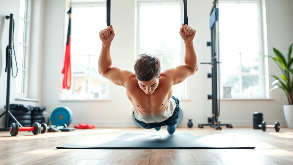 Person performing push-up variations in a bright home gym space with resistance bands and dumbbells visible, showing proper form and engagement
