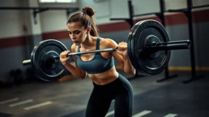 Athletic woman performing a barbell deadlift in a well-lit gym with proper form, focused expression, concrete floor visible