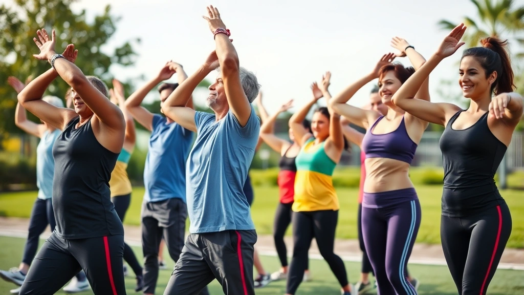 Group of diverse people stretching and doing cool-down exercises after a workout, outdoor fitness area, relaxed and satisfied expressions