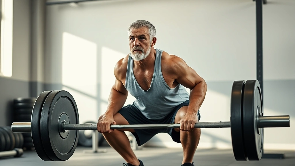 Mature adult athlete squatting with a loaded barbell, demonstrating strength and technique with natural gym lighting
