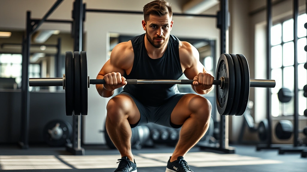 Person performing a controlled barbell squat with proper form in a gym, natural lighting, focused expression, showing muscle engagement
