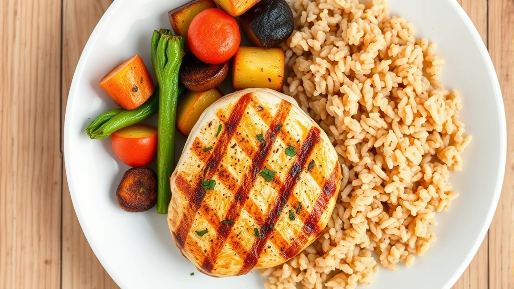 Overhead view of a balanced meal with grilled chicken breast, brown rice, and roasted vegetables on a white plate