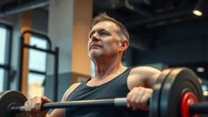 Middle-aged man performing a controlled deadlift with proper form in a modern gym, concentrated expression, warm lighting, sweat visible, strong posture