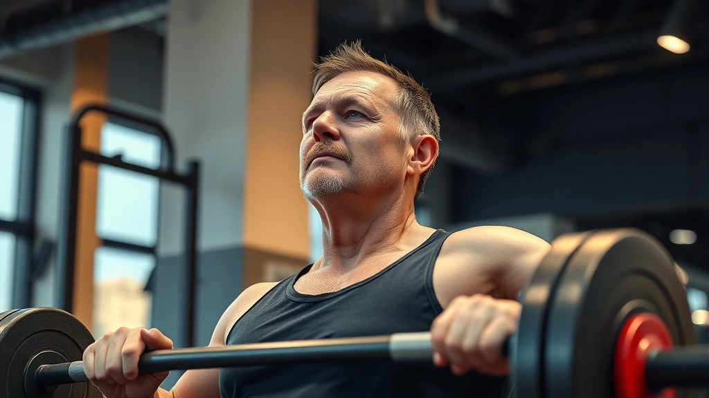 Middle-aged man performing a controlled deadlift with proper form in a modern gym, concentrated expression, warm lighting, sweat visible, strong posture