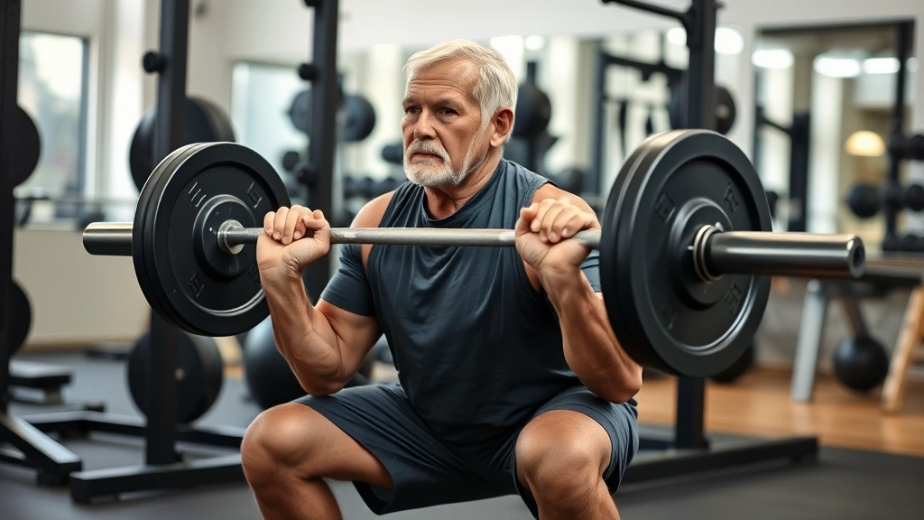 Older adult performing a controlled barbell squat with proper form in a well-equipped gym setting, focused expression, natural lighting