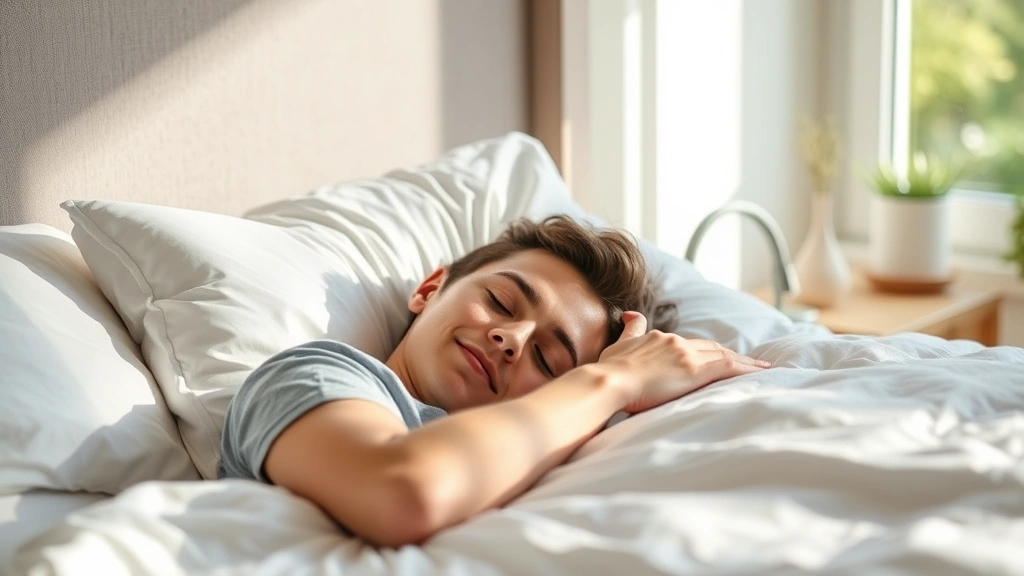 Person sleeping peacefully in a comfortable bed during daytime, peaceful expression, natural bedroom lighting, suggesting quality rest and recovery