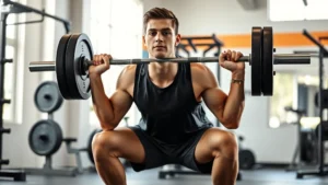 A focused young man performing a barbell squat in a bright, modern gym with natural light, showing proper form and controlled movement, surrounded by neutral gym equipment