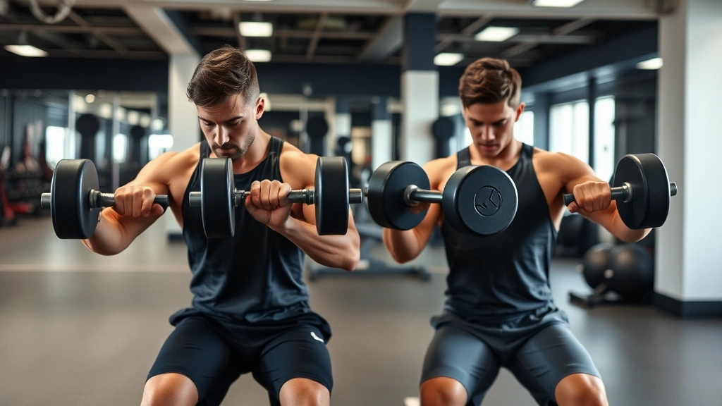 Two people doing dumbbell rows with perfect form on a gym floor, demonstrating proper technique with engaged muscles and concentrated expressions