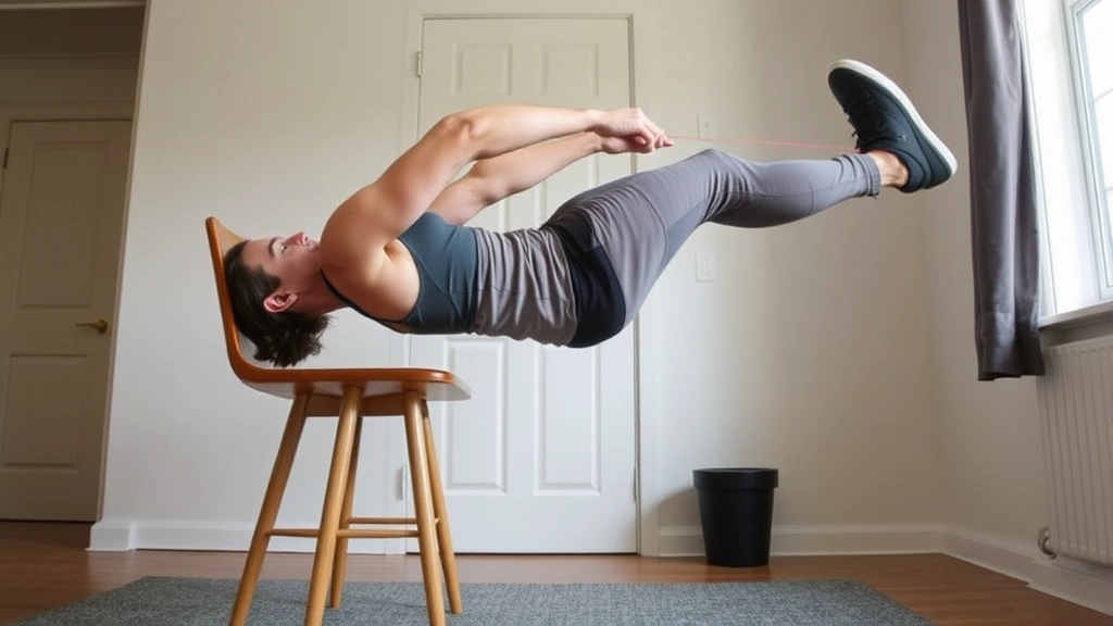 Fit individual performing dips using a sturdy wooden chair in a home setting, demonstrating upper body engagement and muscle building with basic equipment