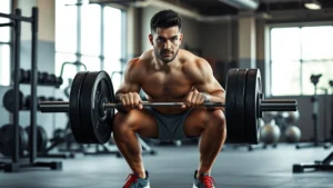 Athletic person performing heavy barbell squat with controlled form in a modern gym with natural light, focused expression, full body visible