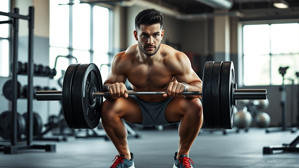 Athletic person performing heavy barbell squat with controlled form in a modern gym with natural light, focused expression, full body visible