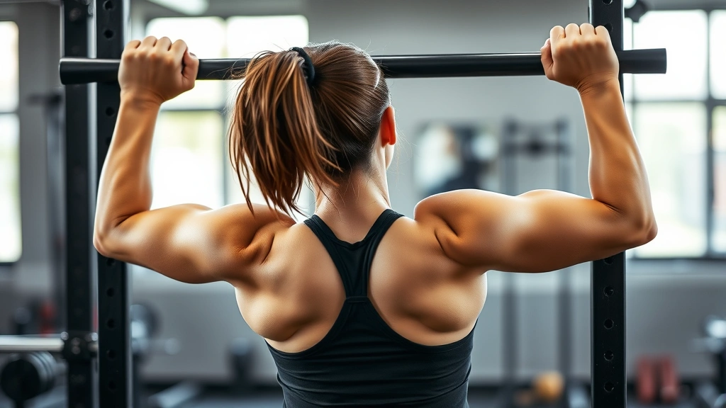 Female athlete doing pull-ups on a bar with strong back engagement, gym setting with blurred background, demonstrating upper body strength